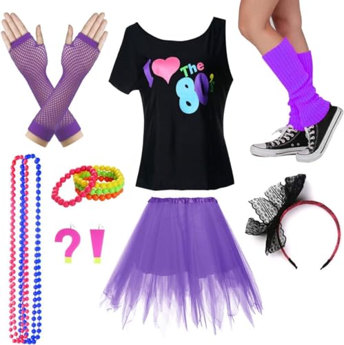 I Love The 80's T-Shirt Fancy Outfit Dress for 1980s Theme Party Supplies, Violett, Mittel von FUNDAISY