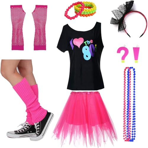 I Love The 80's T-Shirt Fancy Outfit Dress for 1980s Theme Party Supplies, Knallpink (Hot Pink), Klein von FUNDAISY