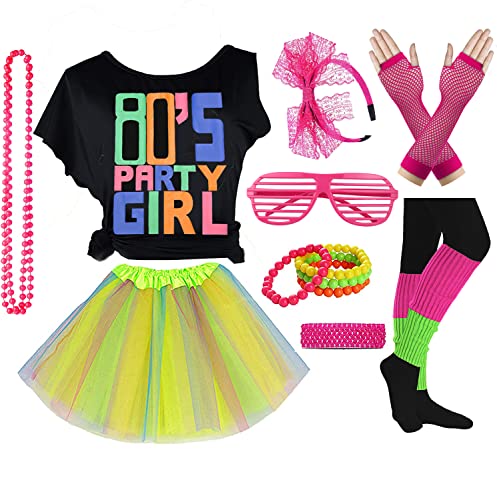 FUNDAISY Kinder 1980er Jahre Accessoires I Love The 80's Party Girl T-Shirt Outfit mit Bauchtasche von FUNDAISY