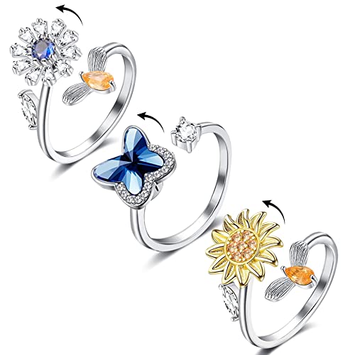 FUNEIA Fidget Spinner Ring Set Anxiety Ringe für Damen Angstreduzierungs Angst Ring Mädchen Sonnenblume Schmetterling Verstellbare Offene Anti Stress Stapelbare Ringe von FUNEIA