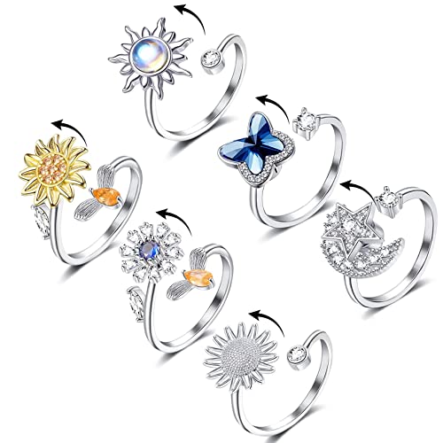 FUNEIA Fidget Spinner Ring Set Anxiety Ringe für Damen Angstreduzierungs Angst Ring Mädchen Sonnenblume Schmetterling Verstellbare Offene Anti Stress Stapelbare Ringe von FUNEIA