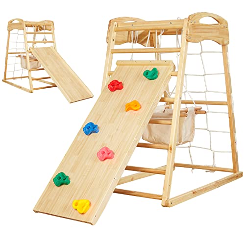 FUNLIO 7-in-1 Holz Klettergerüst Indoor für Kinder von 2-5 Jahren, Montessori Kletterdreieck aus massivem Kiefernholz, Schaukel/Rutsche/Kletterfelsen/Netz/Leiter/Affenstangen/Gymnastikringen von FUNLIO