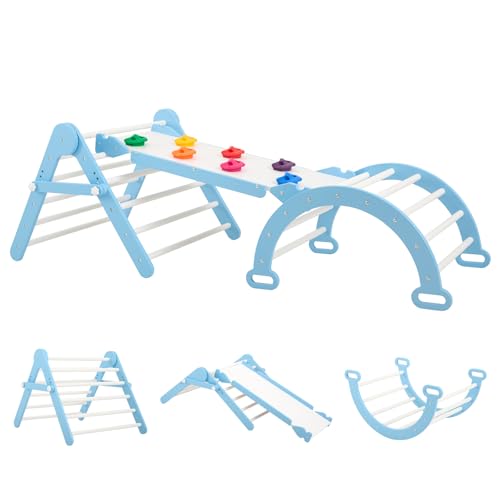 FUNLIO Faltbares Dreiecksset, Montessori-Kletterset mit Massivholz für Kleinkinder von 2-5 Jahren, verstellbares 3-in-1 Indoor-Spielgerät mit Bogen/Rutsche/Kletterfelsen/Dreieck - Blau von FUNLIO