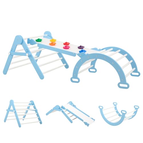 FUNLIO Faltbares Dreiecksset, Montessori-Kletterset mit Massivholz für Kleinkinder von 2-5 Jahren, verstellbares 3-in-1 Indoor-Spielgerät mit Bogen/Rutsche/Kletterfelsen/Dreieck - Blau von FUNLIO