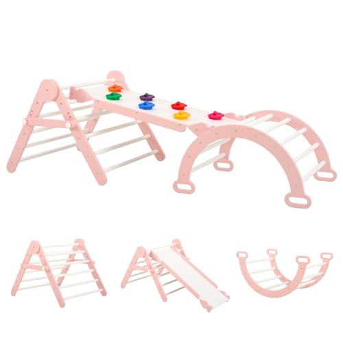 FUNLIO Faltbares Dreiecksset, Montessori-Kletterset mit Massivholz für Kleinkinder von 2-5 Jahren, verstellbares 3-in-1 Indoor-Spielgerät mit Kletterfelsen/Dreieck/Bank/Rutsche - Rosa von FUNLIO