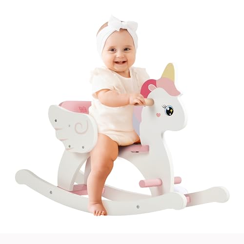 FUNLIO Einhorn Schaukelpferd Holz für 0,5-3 Jahre, Niedliches Schaukelpferd Baby mit Sicherheitsgurt und Rückenlehne, leicht zusammenzubauendes Kleinkindreitspielzeug, CPC Zertifiziert - Rosa von FUNLIO