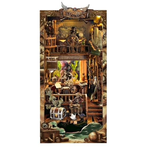 FUNPOLA 3D Holzpuzzle Book Nook Kit, DIY Miniatur-Puppenhaus mit LED-Licht, Bücherregal-Einsatz Buchstütze zur Ausstellung, 3D-Puzzle-Bastelset für Erwachsene (Neue Welt) von FUNPOLA