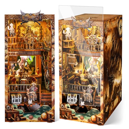 FUNPOLA 3D Holzpuzzle Book Nook Kit, DIY Miniatur-Puppenhaus mit LED-Licht, Bücherregal-Einsatz Buchstütze zur Ausstellung, 3D-Puzzle-Bastelset für Erwachsene (Neue Welt) von FUNPOLA