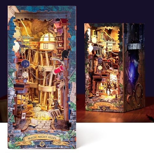 FUNPOLA 3D Holzpuzzle Book Nook Kit, Magisches DIY Miniatur-Puppenhaus mit LED-Licht, Bücherregal-Einsatz Buchstütze zur Ausstellung, 3D-Puzzle-Bastelset für Erwachsene (Magische Nachtgasse) von FUNPOLA