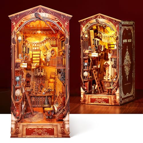 FUNPOLA 3D Holzpuzzle Book Nook Kit, magisches DIY Miniatur Puppenhaus mit LED-Licht, Magic World-Bücherregal-Einsatz Buchstütze zur Präsentation, 3D-Puzzle-Bastelset für Erwachsene (Magische Welt) von FUNPOLA