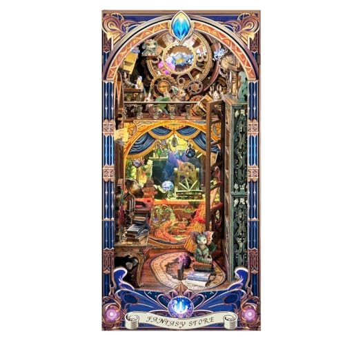 FUNPOLA 3D Holzpuzzle Buchnische Kit, Fantasy-Shop Bücherregal mit LED-Lichtern, DIY Magische Miniatur-Buchstützen Deko, Einzigartiges Handwerksgeschenk für Erwachsene und Teenager (Fantasy-Shop) von FUNPOLA