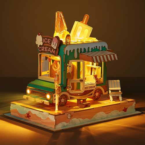 FUNPOLA 3D Holzpuzzle Eiswagen Modell - DIY Miniatur Imbisswagen Puppenhaus Fahrzeug Bastelset mit LED Leuchten - perfektes kreatives Geschenk für Kinder und Erwachsene (Eisauto) von FUNPOLA