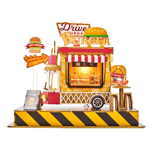 FUNPOLA 3D Holzpuzzle Burger Truck Modell – DIY Miniatur Food Truck Puppenhaus Fahrzeug Bastelset mit LED-Leuchten – perfektes kreatives Geschenk für Kinder und Erwachsene (Burger) von FUNPOLA