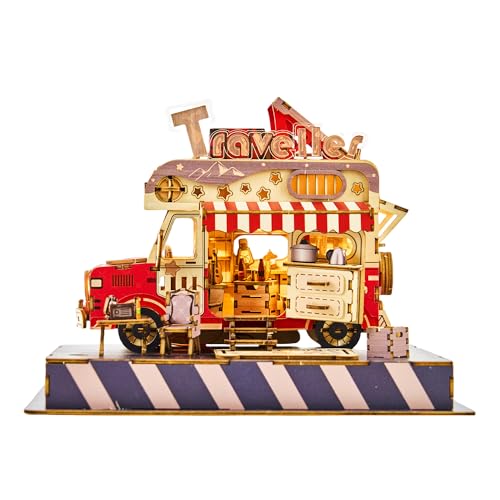 FUNPOLA 3D Holzpuzzle Reise Truck Modell - DIY Miniatur Abenteuer LKW-Bausatz mit LED-Leuchten - kreatives Geschenk für Kinder und Erwachsene (Reiseauto) von FUNPOLA