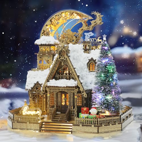 FUNPOLA LED 3D Holzpuzzle Weihnachtslandschafts Hüttenmodell - DIY Miniatur-Bausatz mit Funken LED Lichtern - Weihnachtsnachtflug Mondlampe für Erwachsene und Kinder (Mit Schneepaket) von FUNPOLA