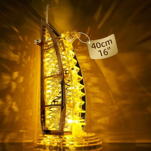 FUNPOLA LED 3D Puzzle für Erwachsene, 3D Architektur Puzzle Burj Al Arab Modell, Modellbausatz für Erwachsene Goldenes Wahrzeichen von Dubai, Nachtlicht für die Heimdekoration (Gold) von FUNPOLA