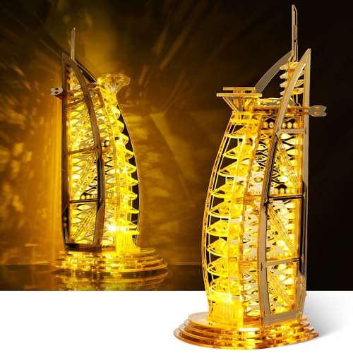 FUNPOLA LED 3D Puzzle für Erwachsene – 3D Puzzle Architektur Gebäudemodellbausatz – Super LED Wahrzeichen Dubais bei Nacht – 3D Puzzle Heimdekorlampe (Gold) von FUNPOLA