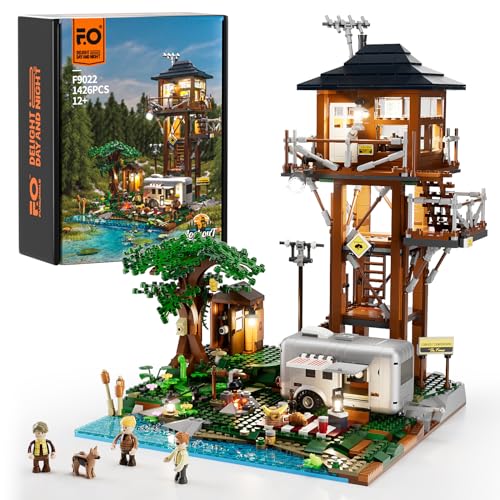 FUNWHOLE Aussichtsturm Zeltplatz Bauset mit LED Beleuchtung, 1426 Pcs Retro Tower Camping Modell Bauklötze Camper Van und Wald Baukasten Spielzeug für Erwachsene und Jugendliche von FUNWHOLE