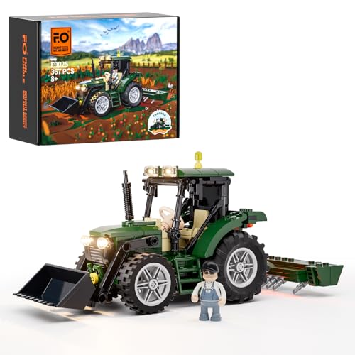 FUNWHOLE Bauernhof Traktor Beleuchtung Bauklötze Set - Retro Traktor Modell mit Minifigur LED Licht Baukasten 367 Stück für Erwachsene und Jugendliche von FUNWHOLE