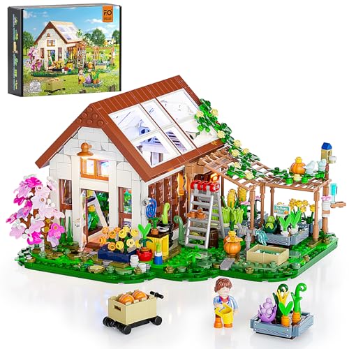 FUNWHOLE Botanisches Gewächshaus Beleuchtetes Baustein-Set – Farm Blumenhaus mit LED Licht, Modularer Modellbausatz, 1428 Teile für Erwachsene und Jugendliche, die Blumen und Pflanzen lieben von FUNWHOLE