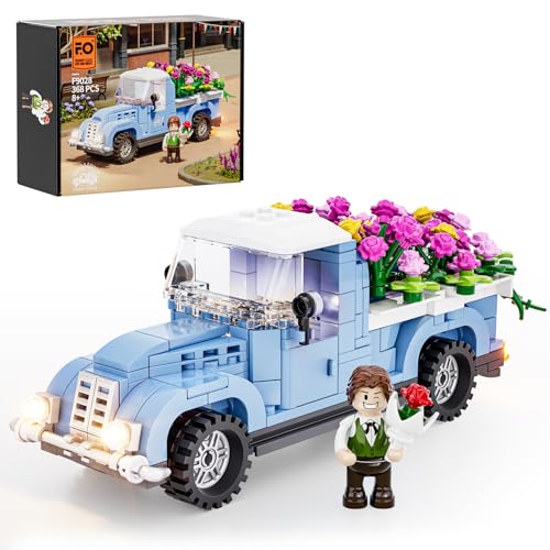 FUNWHOLE Blume Lastwagen Bauklötze Set - LKW Flower Truck Modulare Baukästen mit LED-Leuchten, Rosenstrauß Fahrzeug Set Stadt Leben Klemmbausteine 368 Pcs für Erwachsene und Jugendliche von FUNWHOLE