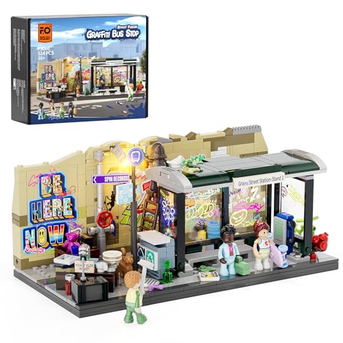 FUNWHOLE Graffiti-Bushaltestelle Klemmbausteine Beleuchtung Deko, Modular Building Streetstyle City Town Busbahnhof,516Pcs,Geeignet für Erwachsene und Streetstyle-Liebhaber,F9066,Graffiti Bus Stop von FUNWHOLE