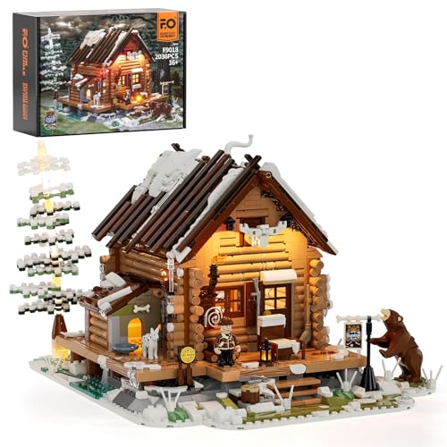 FUNWHOLE Jagdhütte Bauklötze Set mit LED Licht, 2036 Stück Modell Set Klemmbausteine Spielzeug Wald Schneebedeckte Lodge Bauspielzeugset für Erwachsene und Jugendliche von FUNWHOLE