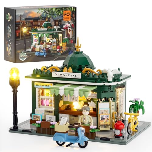 FUNWHOLE Kiosk Beleuchtung Klemmbausteine Haus, Retro Modular Building Stadtleben Set,Schreibtisch-Deko, Geschenk für Erwachsene und Jugendliche,556 Pcs,F9023,Newsstand von FUNWHOLE