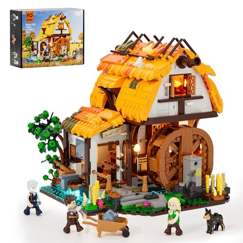 FUNWHOLE Mittelalter-Mühle Beleuchtungsstein-Set – Bewegliche Mühle mit Wasserad und Beleuchtung, 1278 Teile, Sammlerstück für Mittelalter-Fans von FUNWHOLE