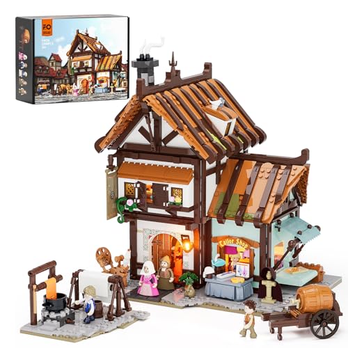 FUNWHOLE Mittelalterlicher Schneiderei Bauklötze Set mit LED Licht Medieval Tailor Shop 1994 Pcs von FUNWHOLE