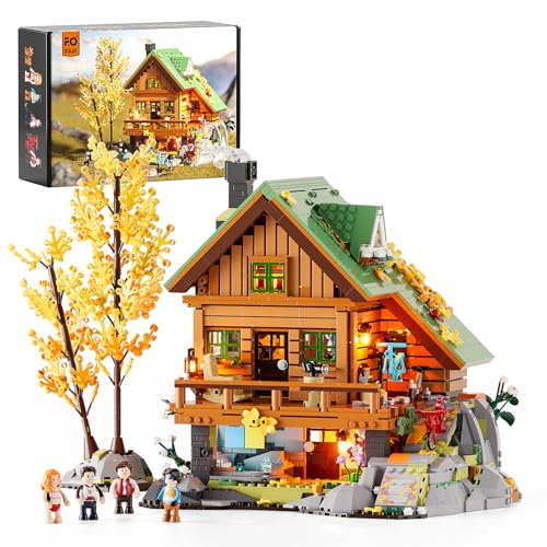 FUNWHOLE Mountain Cabin Bauklötze Set, 2255 PCS BergHütte Klemmbausteine mit LED Licht Wald Lodge Bausteine Modell Bauspielzeugset für Erwachsene und Jugendliche von FUNWHOLE