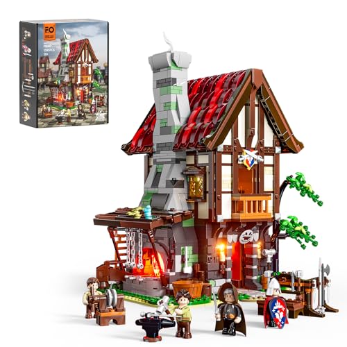 FUNWHOLE Mittelalterlicher Schmiede Bauklötze Set mit LED Licht 1595 Pcs Medieval Forge House Klemmbausteine Mittelalter Spielzeug für Erwachsene und Jugendliche von FUNWHOLE