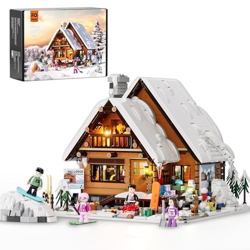 FUNWHOLE Weihnachten Ski Haus Bausteine Set mit LED Licht, 2187 Pcs Ski Lodge Bauklötze Schnee Hütte Spielzeug Modulare Baukästen Klemmbausteine für Erwachsene und Jugendliche von FUNWHOLE