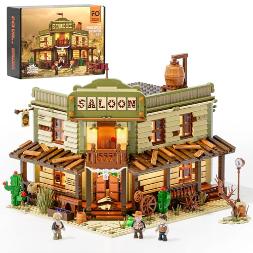 FUNWHOLE Western Saloon Baukasten – 2016 Teile Leuchtendes Modellset für Erwachsene – 3 Minifiguren + Dynamische Beleuchtung – Der Wilde Westen von FUNWHOLE