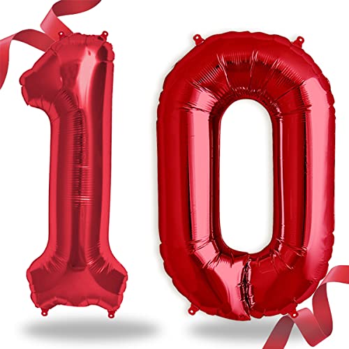 Folienballon Zahl in Rot- Riesenzahl Ballons - Folienballons für Luft oder Helium als Geburtstag, Hochzeit, Jubiläum oder Abschluss Geschenk, Party Dekoration (Rot [ 10 ]) von FUNXGO