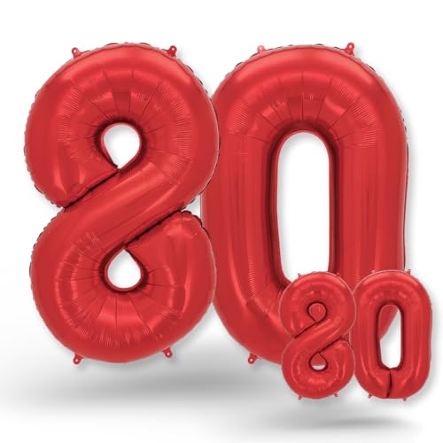 FUNXGO® folienballon 80 rot - 2 Stück - 42" & 17"- luftballon zahl 80 - Zahlen rot Ballon 80 Deko zum Geburtstag, Hochzeit, Jubiläum oder Fest, Party Dekoration -100cm & 38cm- ballon rot 80 von FUNXGO