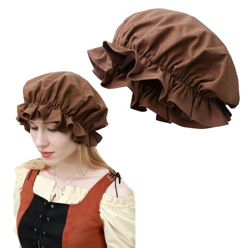 FURPHI Mittelalterlicher Mophut für Damen, viktorianische Haube, Nachtmütze für Kolonialpionier, Cosplay, Kopfbedeckung (Braun) von FURPHI