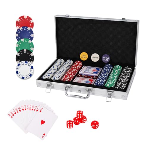 Pokerkoffer mit 300 Laserchips, Pokerset, Profi Deluxe Poker Komplettset, 12 g Chips, Dealer Button, 2 Pokerdecks, Aluminiumkoffer, Strategiespiel, Deluxe Set, Größe wählbar, Geschenk (Silber, M) von FURRYFECTION