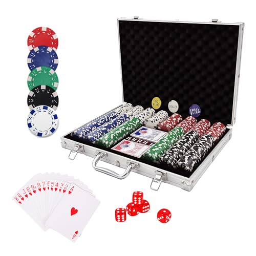 Pokerkoffer mit 500 Laserchips, Pokerset, Profi Deluxe Poker Komplettset, 12 g Chips, Dealer Button, 2 Pokerdecks, Aluminiumkoffer, Strategiespiel, Deluxe Set, Größe wählbar, Geschenk (Silber, L) von FURRYFECTION