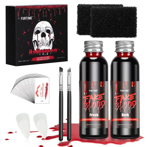 Kunstblut Halloween, FURTIME Halloween SFX Schminke Set - 60ml Künstliches Frisches Blut, 60ml Dunkelrotes TheaterBlut, Vampirzähne, Make-up-Pinsel und Schwämme, 30 Temporäre Narbentattoos von FURTIME