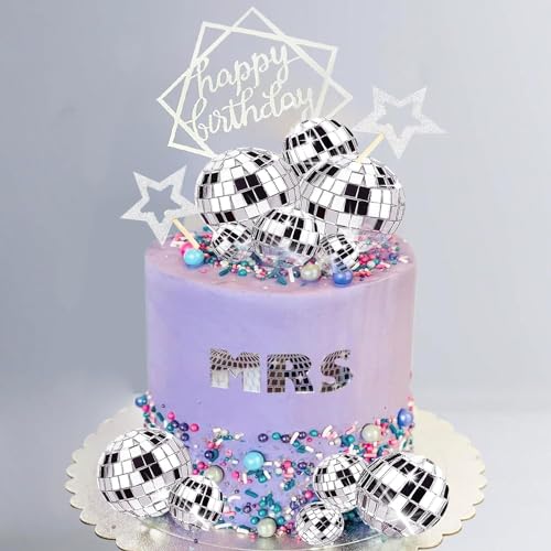 Cake Topper Geburtstag Disco, 33 Stück Tortendeko Silber Discokugel Kuchen Deko Stern Torten Deko für 70er 80er 90er Disco Musik Tanz Mottoparty Dekorationszubehör von FUWEISH