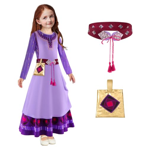 FUXHBFB Mädchen wünschen Wish Asha Kostüm Kind Prinzessin Kleid Coplay Outfit Dress Up Ohrring Halsketten Geburtstag Weihnachten Druck Kleider (120cm) von FUXHBFB