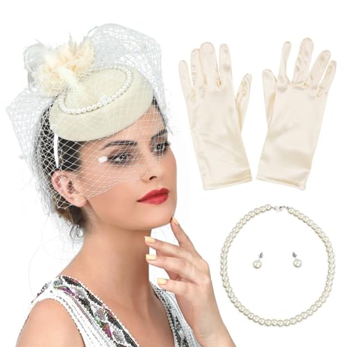 FUXIU 1 Set Damen-Haarreifen mit Schleier und Hut, mit Perlenohrringen, Halskette und Handschuhen, Halloween, Cosplay, Abschlussball, Partyzubehör für Damen von FUXIU