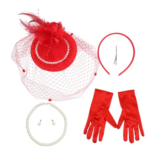 FUXIU 1 Set Damen-Haarreifen mit Schleier und Hut, mit Perlenohrringen, Halskette und Handschuhen, Halloween, Cosplay, Abschlussball, Partyzubehör für Damen von FUXIU