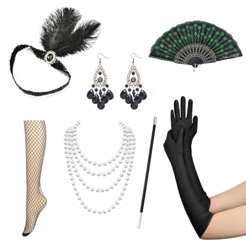 FUXIU 1920er Jahre Kostüm Damen Revers Accessoires Set Vintage Dress Up mit Feder Stirnband, Satins Handschuhe, Kunstperlenkette von FUXIU