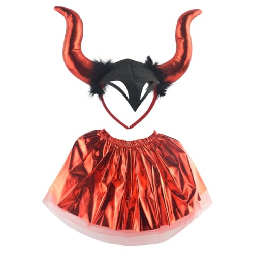 FUXIU Ochsenhorn-Halloween-Stirnband und Netzrock-Set für Damen und Mädchen, Halloween-Party, Kostüm, Cosplay, Haarschmuck von FUXIU