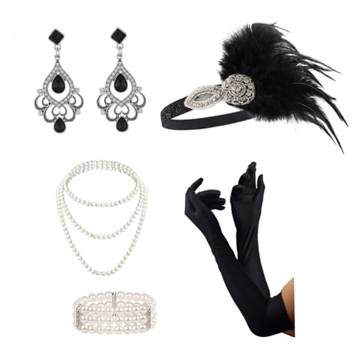 FUXIU Vintage 1920er Jahre Flapper Party Frauen Kostüm Zubehör Set Feder Stirnband Halskette Ohrringe Handschuhe für Cocktailparty von FUXIU