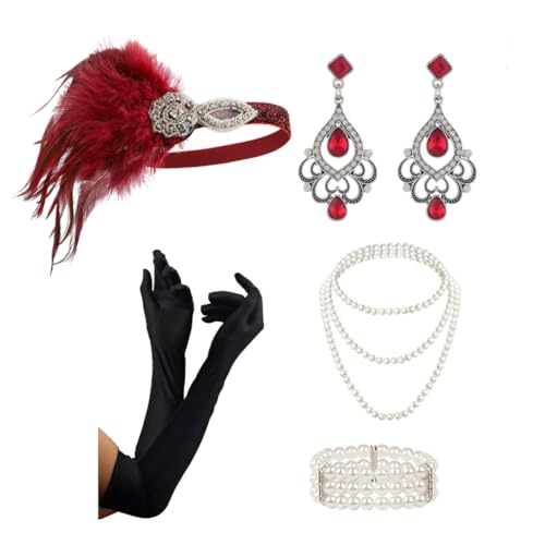 FUXIU Vintage 1920er Jahre Flapper Party Frauen Kostüm Zubehör Set Feder Stirnband Halskette Ohrringe Handschuhe für Cocktailparty von FUXIU