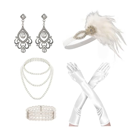 FUXIU Vintage 1920er Jahre Flapper Party Frauen Kostüm Zubehör Set Feder Stirnband Halskette Ohrringe Handschuhe für Cocktailparty von FUXIU