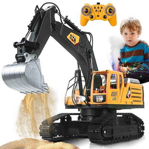 FUYLEY Ferngesteuerter Bagger Spielzeug für Jungen, 14 Kanal 2,4Ghz RC Bagger Metall Schaufel mit Spray Licht Ton, Rc BAU Spielzeug 680°Rotation für Jungen Geschenk von FUYLEY